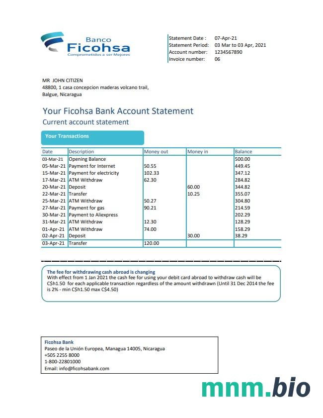 Szablon wyciągu bankowego Nikaragua Banco Ficohsa w programie Word i PDF